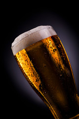 Glass of fresh and cold beer on dark background 