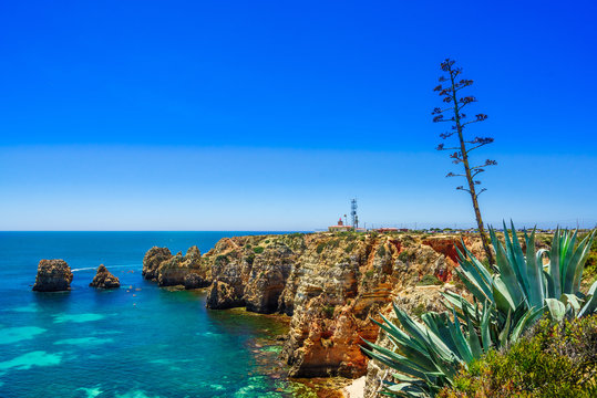 View on rocks called Farol da Ponta da Piedade - coast of Portugal, Algarve