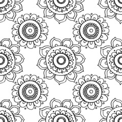 seamless pattern in monochrome colors, with ethnic ornaments in flowers