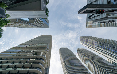 Upward view ckyscraper modern architecture Brickell Miami FL