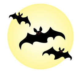 Halloween flock of bats with burning eyes on the background of the moon. Vector illustration