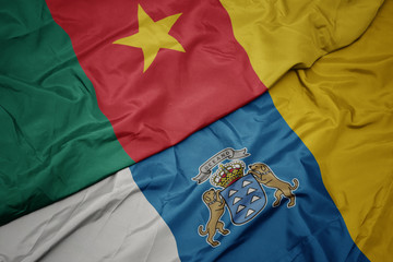 waving colorful flag of canary islands and national flag of cameroon.