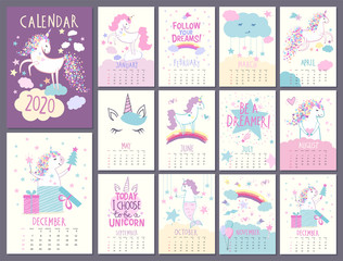 Fototapeta na wymiar Monthly calendar 2020 with cute unicorn characters