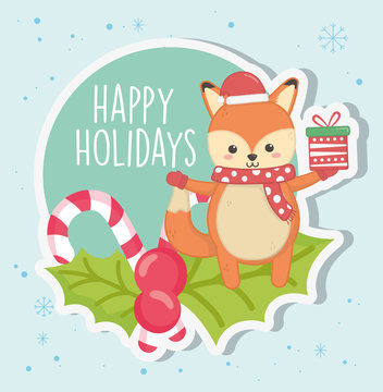 cute fox with gift candy cane leaves merry christmas