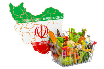 Purchasing power and market basket in Iran concept. Shopping basket with Iranian map, 3D rendering