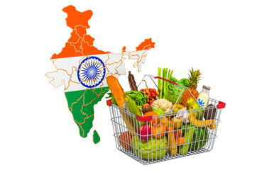 Purchasing power and market basket in India concept. Shopping basket with Indian map, 3D rendering