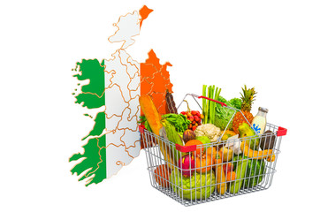 Purchasing power and market basket in Ireland concept. Shopping basket with Irish map, 3D rendering