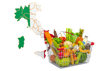 Purchasing power and market basket in Italy concept. Shopping basket with Italian map, 3D rendering
