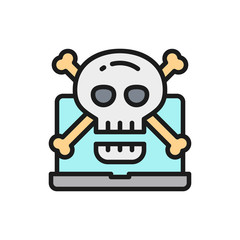 Computer with skull and crossbones symbol, virus, cybercrime color line icon.