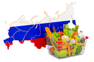 Purchasing power and market basket in Russia concept. Shopping basket with Russian Federation map, 3D rendering
