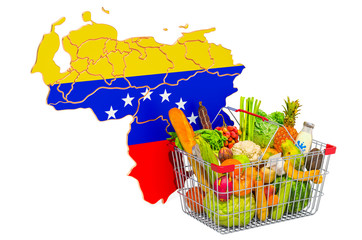 Purchasing power and market basket in Venezuela concept. Shopping basket with Venezuelan map, 3D rendering
