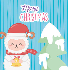 cute sheep with star and tree merry christmas