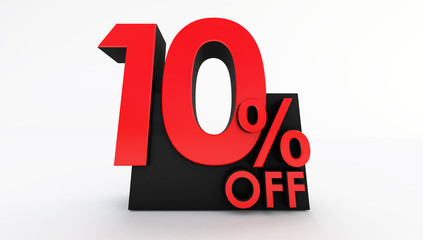 3D rendering of a red ten percent OFF on a white background. 10 percent off isolated on white background