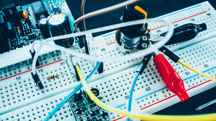 Electronic scientific invention. Breadboard, circuit and connectors.