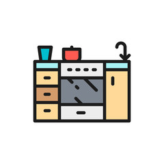 Cooker, furniture for kitchen flat color line icon.