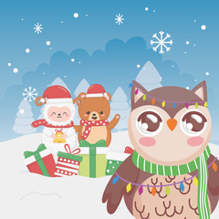 Obraz na płótnie Canvas cute owl sheep and bear snowflakes winter trees merry christmas