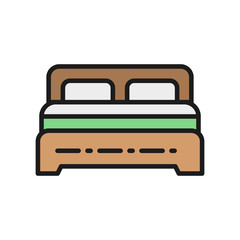 Vector double bed flat color line icon.