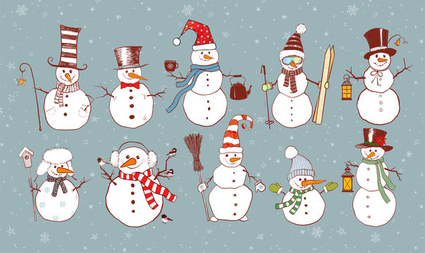 Set of doodle sketch snowmen