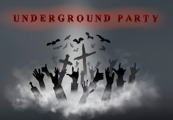 The underground party. A lot of zombie's hands up above the realistic smoke clouds. The celebration of the halloween night in the undead world. Vector illustration.