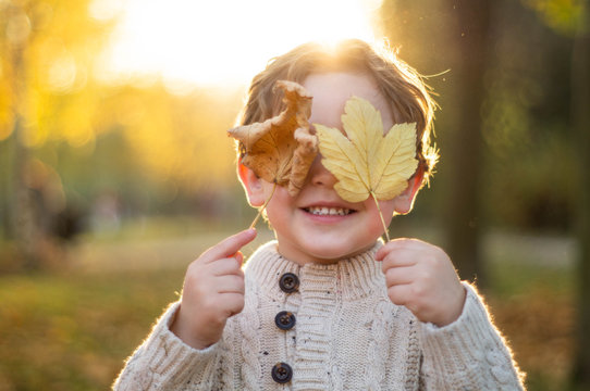 Happy little child baby boy laughing and playing in the autumn day