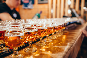 Glasses of light beer on wooden bar counter. Bar on background