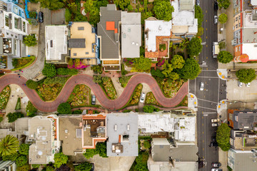 Aerial view of the famous Lombard Street, San Francisco, California, USA