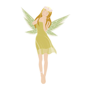 Illustration of a Cute green fairy flying with beautiful wings, Vector cartoon for bed time story elements