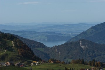 panoramic view of Zugersee on Swiss valley from Stoos mountain