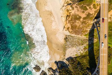 Arial view of the California Bixby bridge in Big Sur in the Monterey County along side State Route 1 US, the ocean road. 