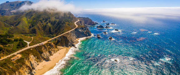 Magical aerial view of the route 101 by the Californian Pacific Coast on the way from Los Angeles...