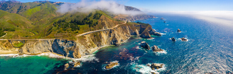 Magical aerial view of the route 101 by the Californian Pacific Coast on the way from Los Angeles...