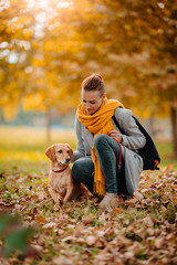 Naklejka na ściany i meble Woman petting her dog at the park in autumn