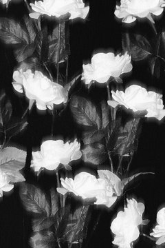 Black and white plastic stemmed roses and leaves