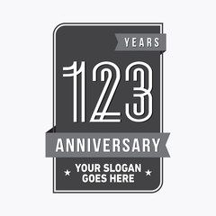123 years anniversary design template. One hundred and twenty-three years celebration logo. Vector and illustration.