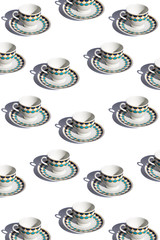 Tea Time Cups Of Tea withe, green and blue Arranged.