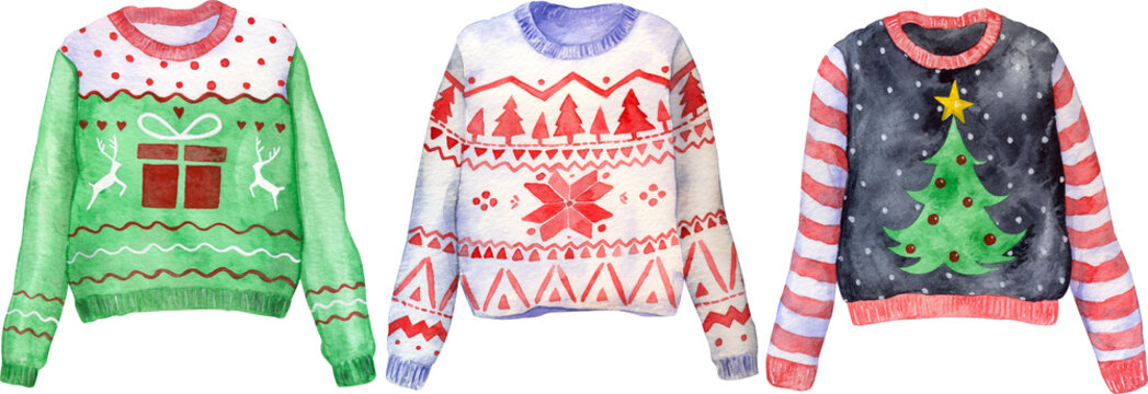 Watercolor hand drawn ugly Christmas sweaters on isolated background. Christmas jumper day clothes.