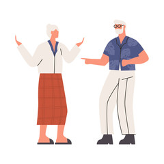 Unhappy old people arguing. Two people having disagreement. Concept of addicted partner, bad relationships, two angry people. Flat vector illustration
