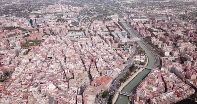 Aerial view of Murcia cityscape with a segura river  and apartment buildings, Spain