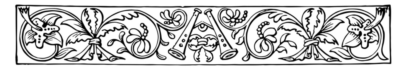 Banner have a picture of two trumpets surrounded by a floral design vintage engraving. © Morphart