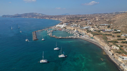 Fototapeta na wymiar Aerial drone photo of famous round port of Vlychada, Santorini island, Cyclades, Greece