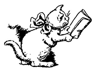 Cat Wearing Bow and Reading Book, vintage illustration © Morphart