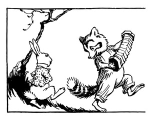 Raccoon Playing Accordion & Rabbit Dancing vintage illustration © Morphart