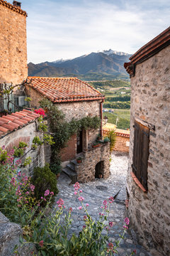 Narrow village lane in Eus, Pyrenees-Orientales, France