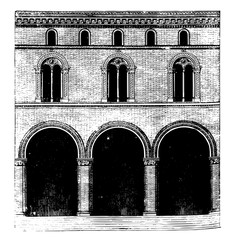 Façade of a Palace at Bologna vintage engraving. © Morphart