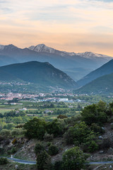 Valley in the Pyrenees mountains at sunset