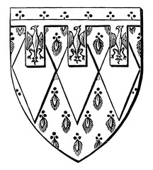 Shield of Sir Edward de Montague is a escutcheon field heraldry vintage engraving.