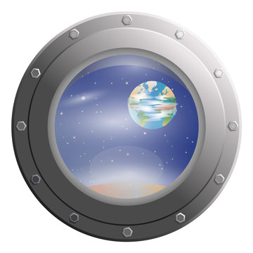 View space stars and planets through Porthole glass window from spaceship