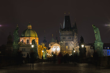 Karlov Bridge tourist attraction in Prague, capital of Czech Republic.