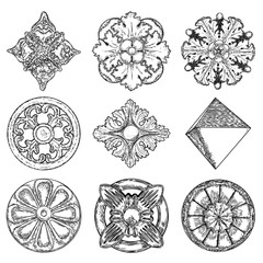 Set of Baroque ancient vintage style floral circular and rhombus or square design elements. Marble rosettes drawing for fashionable pattern in black white for textile, scarves, backgrounds. Vector.