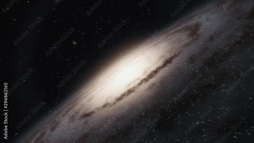 Wall mural camera on spaceship flies at the speed of light through a galaxy in space. billions of stars in the 